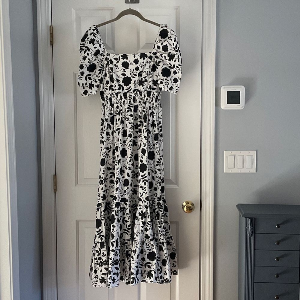 Aqua Black and White Floral Tiered Maxi Dress with Smocked Waist